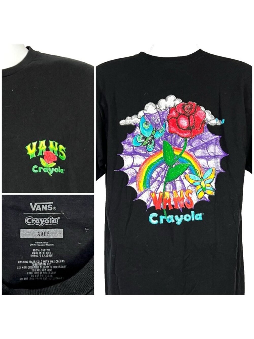 VANS x Crayola Mens T-Shirt size Large Crayons Rainbow Rose Spiderweb 2022
